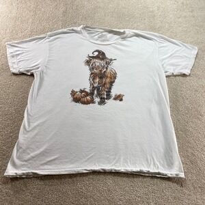 Goodie Two Sleeves Shirt Mens XL White Highland Cow Witch Hat Halloween Cotton